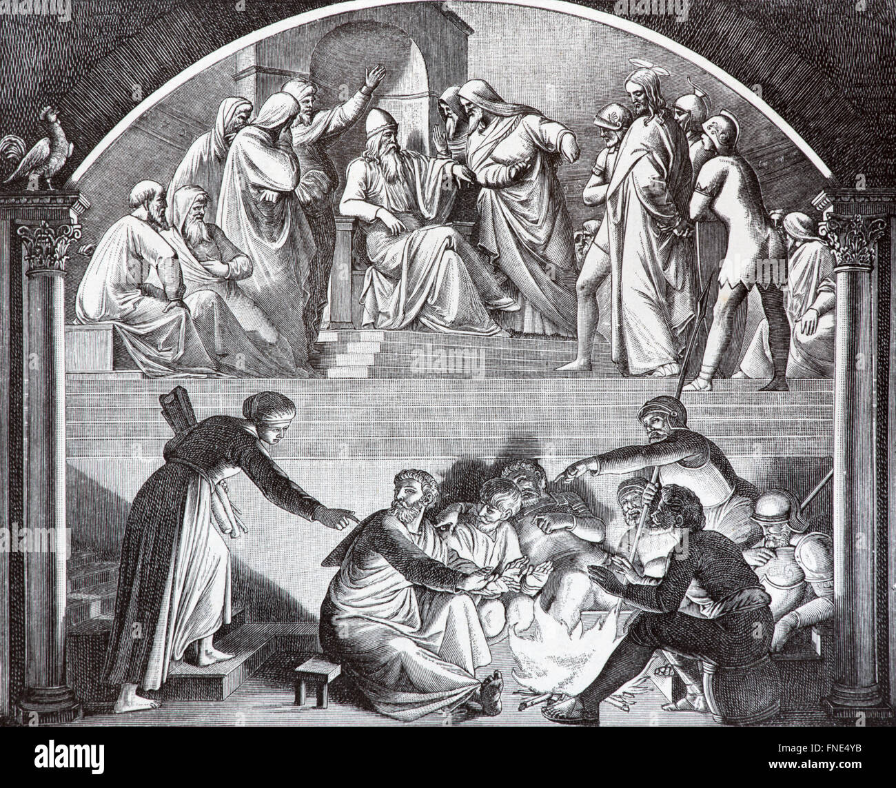 SEBECHLEBY SLOVAQUIE - Juillet 27, 2015 : Jésus devant Caïphe et la trahison de Pierre par l'artiste lithographie 1907 Scheuchl Banque D'Images SEBECHLEBY SLOVAQUIE - Juillet 27, 2015 : Jésus devant Caïphe et la trahison de Pierre par l'artiste lithographie 1907 Scheuchl Banque D'Images