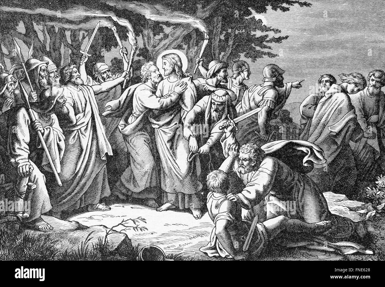 SEBECHLEBY SLOVAQUIE - Juillet 27, 2015 : l'arrestation de Jésus dans le jardin de Gethsémani par artiste lithographie 1907 Scheuchl Banque D'Images