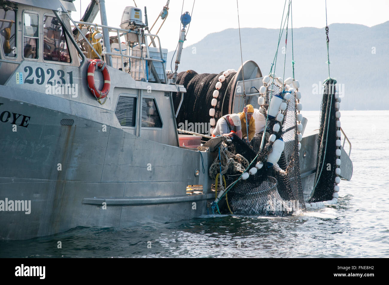 Un bateau de pêche au filet maillant de saumon sauvage dans la région de Great Bear Rainforest sur la côte nord du Pacifique de la Colombie-Britannique, Canada. Banque D'Images