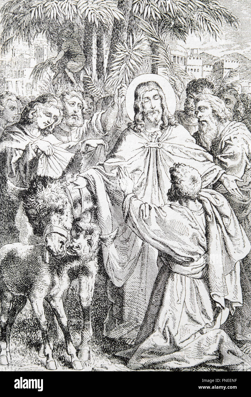 SEBECHLEBY SLOVAQUIE, - le 27 juillet 2015 : l'entrée de Jésus à Jérusalem par l'artiste lithographie Scheuchl, 1907. Banque D'Images