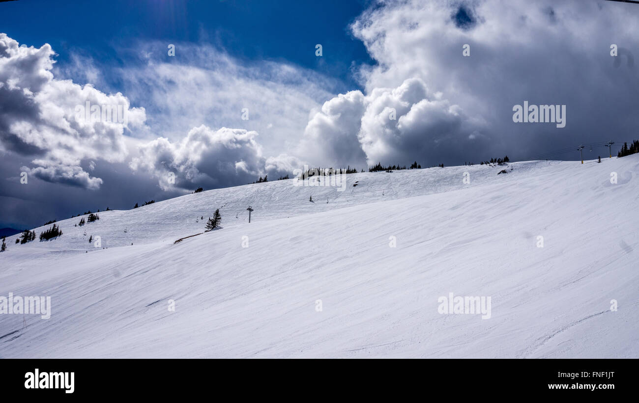 Champ de neige sous un ciel ensoleillé en haute montagne Domaine de ski dans le centre de la Colombie-Britannique, Canada Banque D'Images