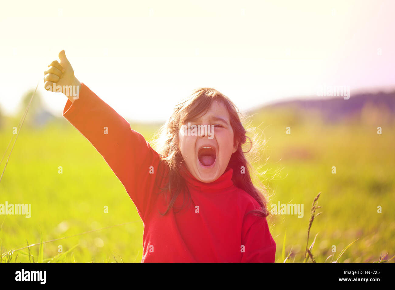 Happy little girl avec main sur le pré à sunny day Banque D'Images