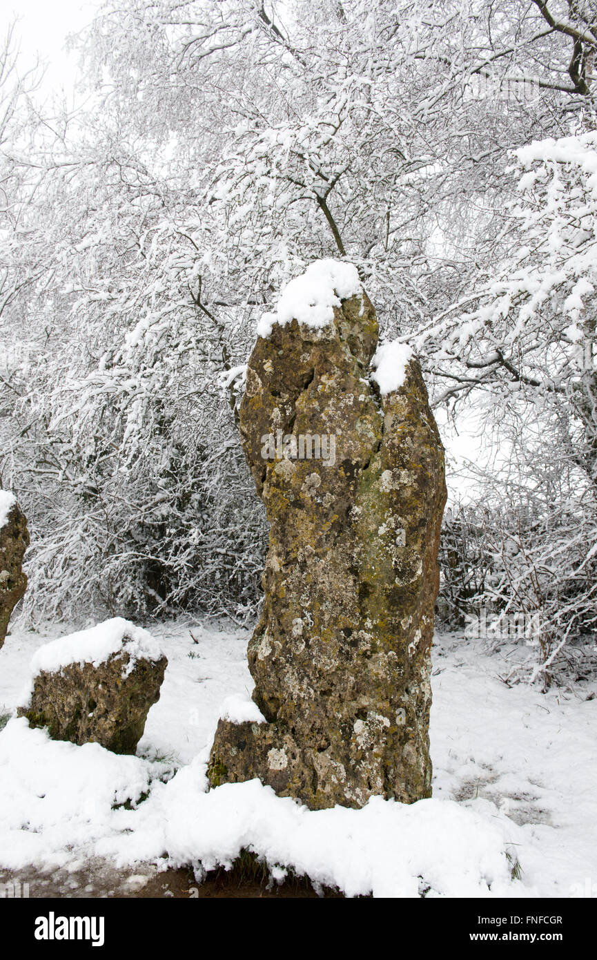 Le Rollright stones recouverts de neige en hiver. Oxfordshire, Angleterre Banque D'Images