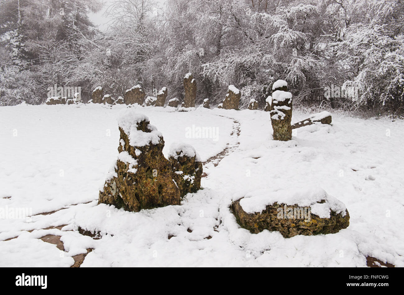 Le Rollright stones recouverts de neige en hiver. Oxfordshire, Angleterre Banque D'Images