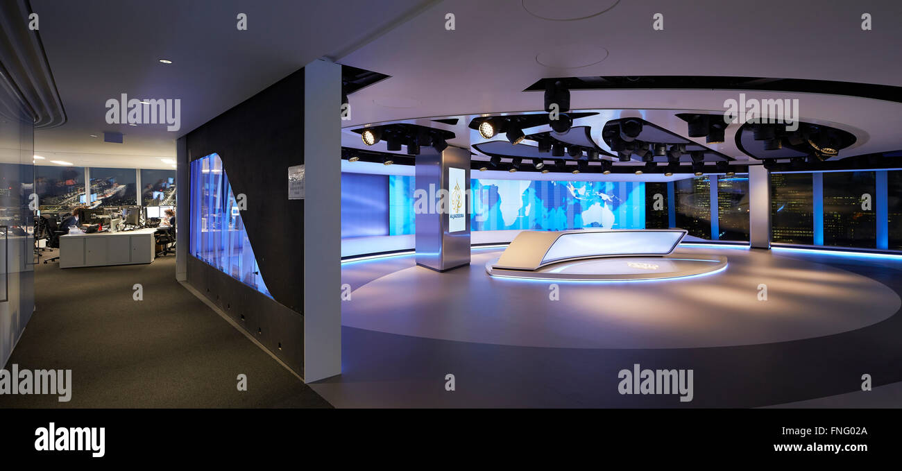 L'actualité et la presse studio adjacent. Al Jazeera Studio dans le Shard, London, Royaume-Uni. Architecte : Veech Media, 2014. Banque D'Images