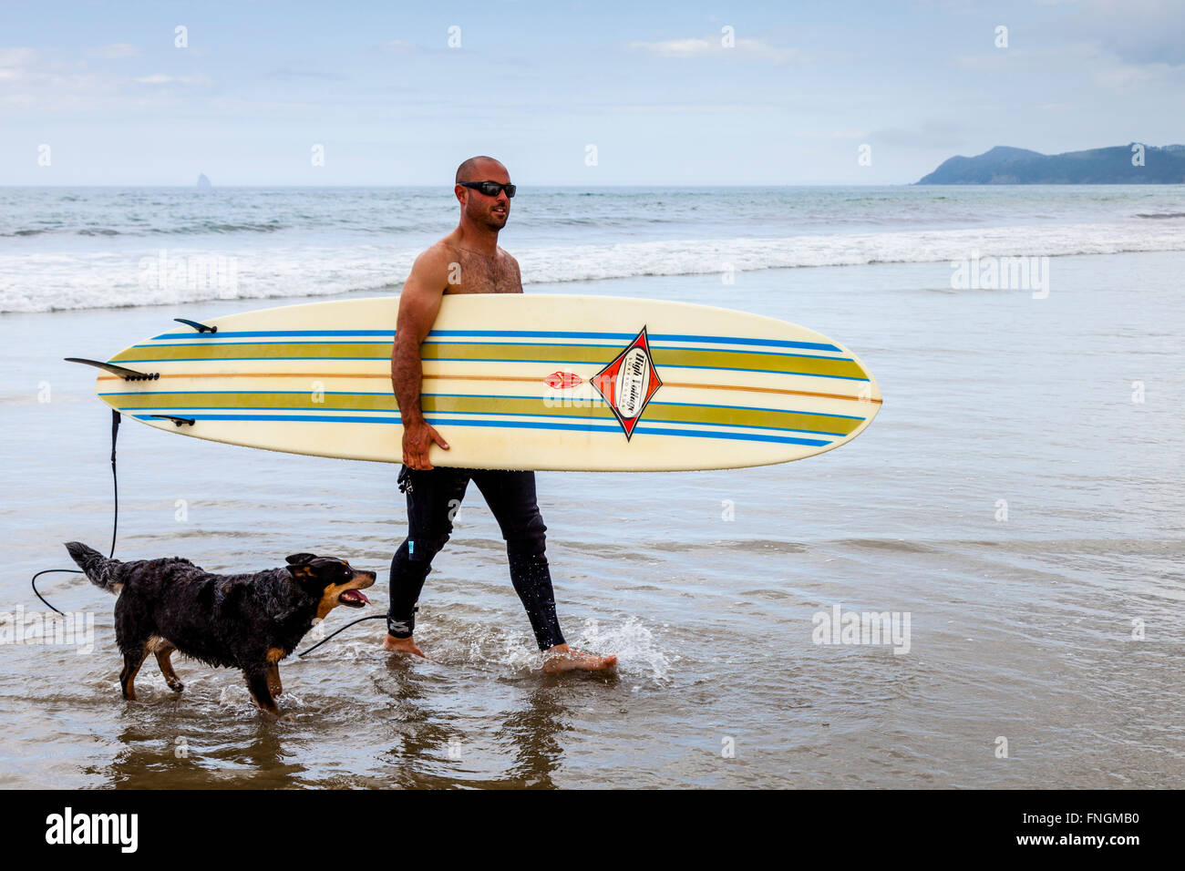 Un jeune homme va surf, waipu cove, waipu, Northland, Nouvelle-Zélande Banque D'Images