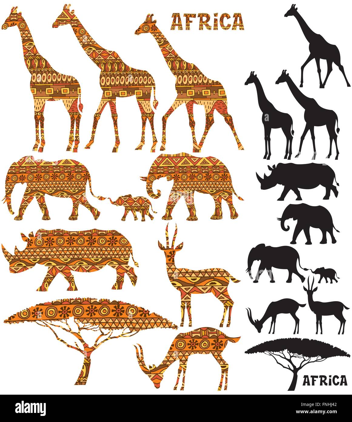 Jeu de silhouettes d'animaux africains en 2 versions : noir et motif rempli. Illustration de Vecteur