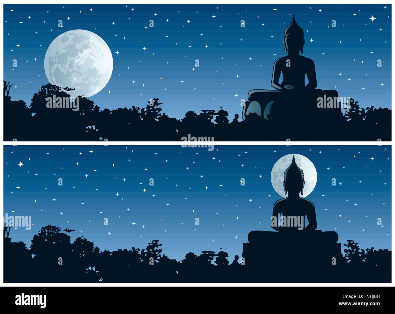 Statue de Bouddha dans la jungle dans la nuit. 2 versions différentes. Pas de transparence utilisés. Les gradients de base (linéaire) utilisé. Illustration de Vecteur