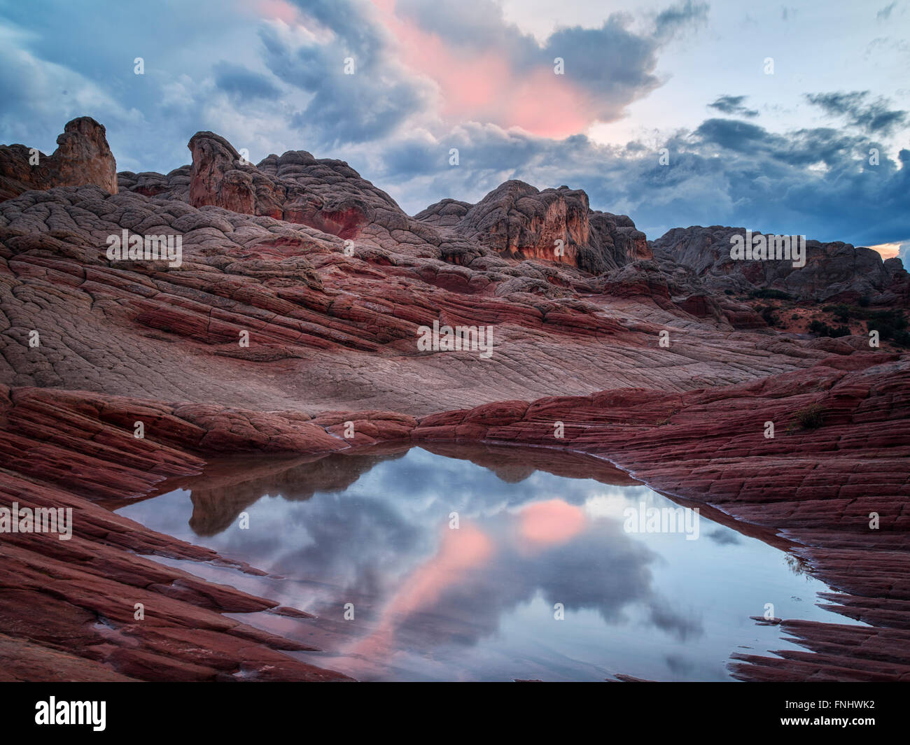 Pocket blanc avec l'eau de pluie piscines et le coucher du soleil. Vermilion Cliffs National Monument, Arizona Banque D'Images