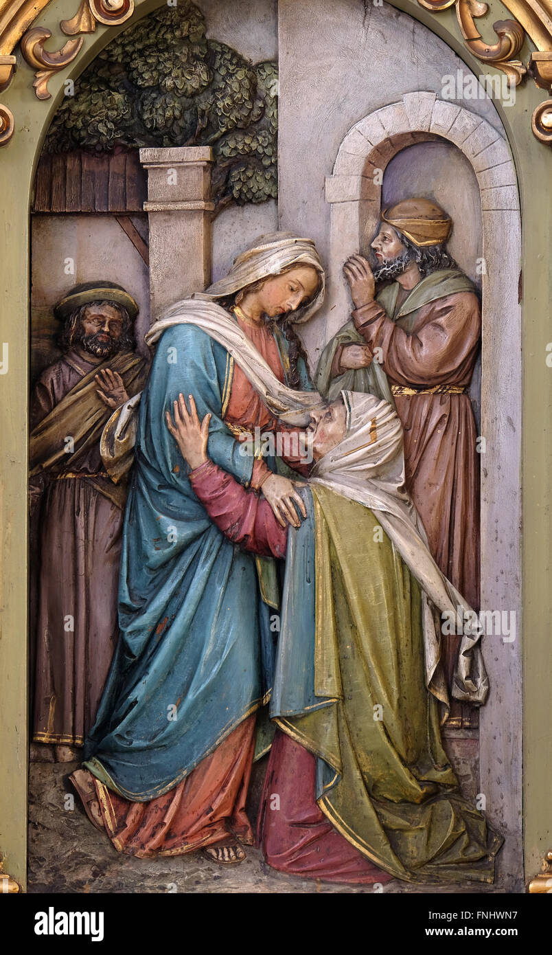 Visitation de la Vierge Marie, retable de la Basilique du Sacré-Cœur de Jésus à Zagreb, Croatie le 14 septembre 2015 Banque D'Images