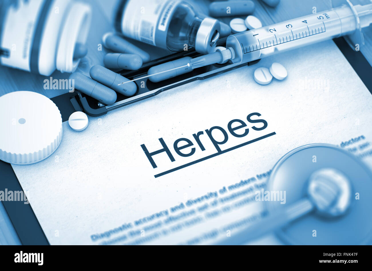 Le diagnostic de l'herpès. Concept médical. Composition de médicaments. Banque D'Images Le diagnostic de l'herpès. Concept médical. Composition de médicaments. Banque D'Images