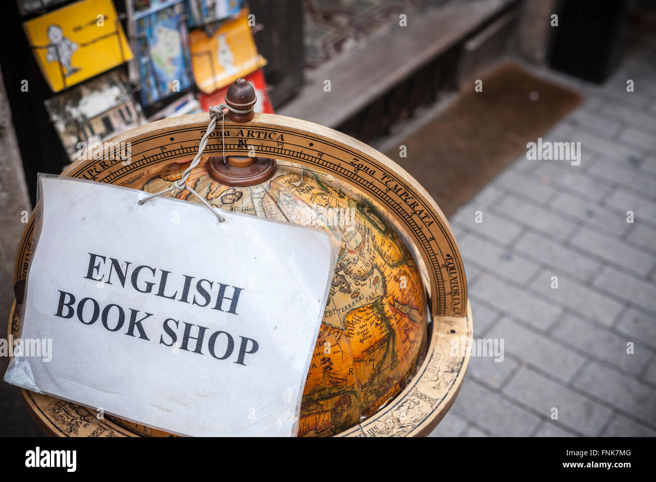 Inscrivez-vous english book shop dans globe.Palma de Majorque, Iles Baléares, Espagne. Banque D'Images