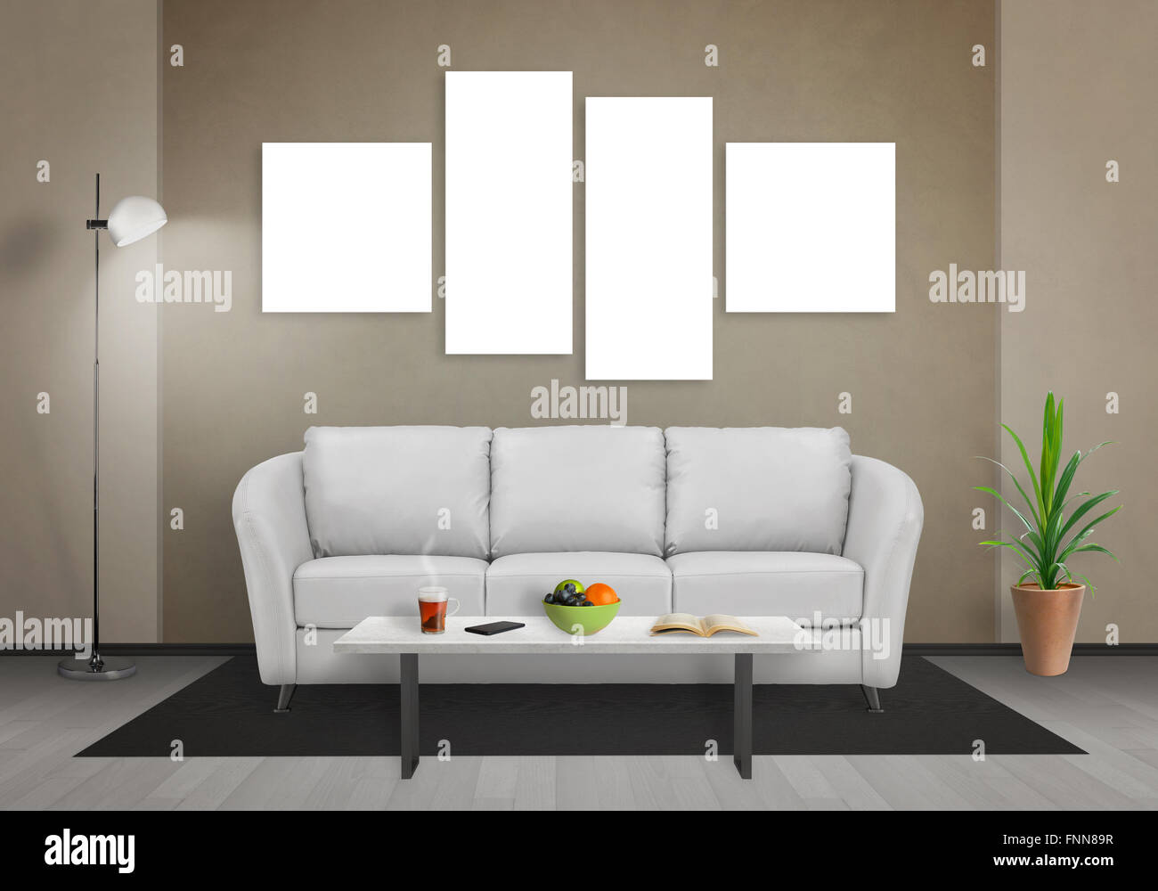 Quatre art canvas isolé dans la salle de séjour pour une maquette. Canapé, table, lampe et des plantes dans la chambre. Banque D'Images Quatre art canvas isolé dans la salle de séjour pour une maquette. Canapé, table, lampe et des plantes dans la chambre. Banque D'Images