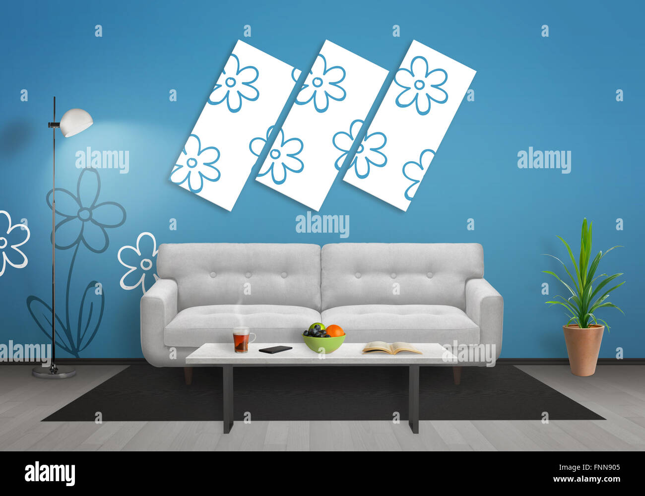 Fleurs sur toile de l'art dans la salle de séjour. Mur bleu et gris papier peint fleur avec plancher en bois. Canapé, table, lampe et usine à prix Banque D'Images Fleurs sur toile de l'art dans la salle de séjour. Mur bleu et gris papier peint fleur avec plancher en bois. Canapé, table, lampe et usine à prix Banque D'Images