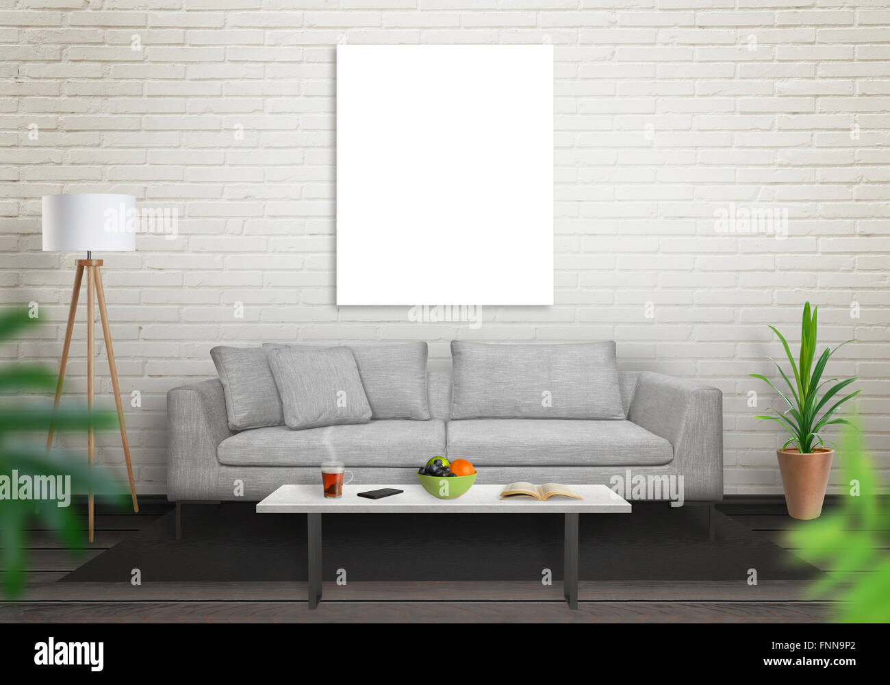 Art canvas isolé dans la salle de séjour pour une maquette. Brique mur blanc et noir plancher en bois. Canapé, table, lampe et des plantes dans la chambre. Banque D'Images Art canvas isolé dans la salle de séjour pour une maquette. Brique mur blanc et noir plancher en bois. Canapé, table, lampe et des plantes dans la chambre. Banque D'Images