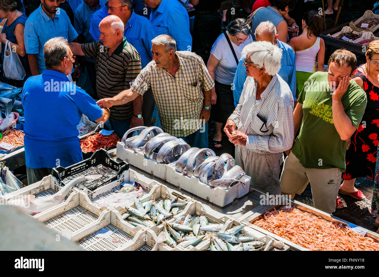 Vendeurs et acheteurs sur le célèbre marché aux poissons de Catane. Plus d'attractions folkloriques de la ville de Catane, Sicile, Italie Banque D'Images