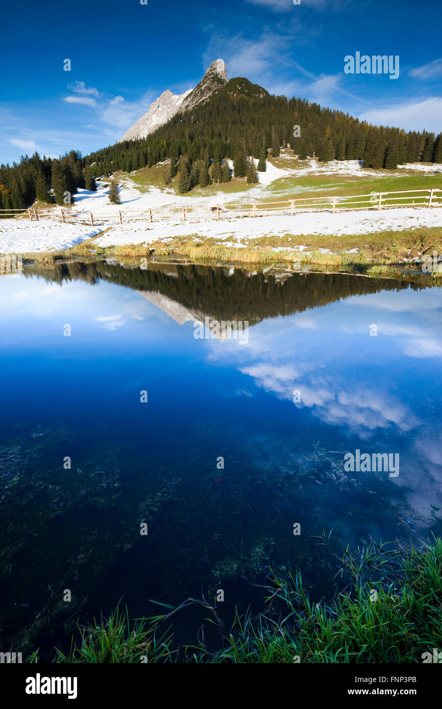 Walderkamp et pic Hundskopf reflétée dans un petit lac, Karwendel, Tyrol, Autriche Banque D'Images