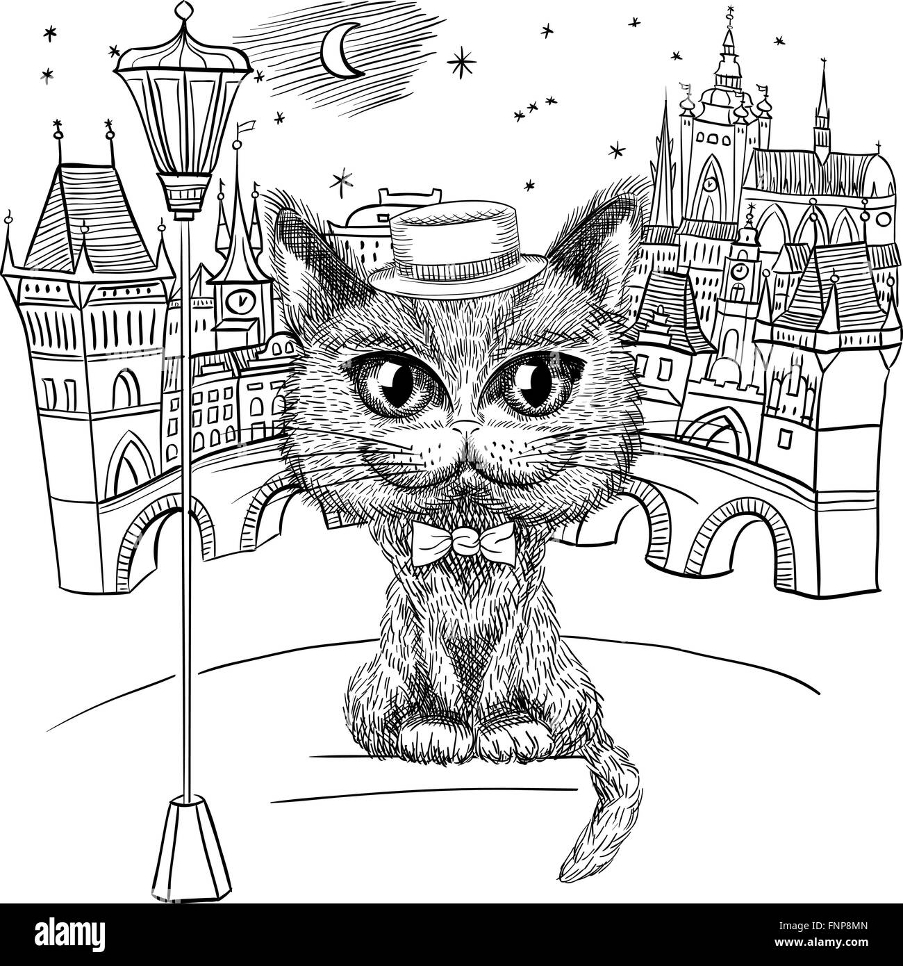 Cat à Prague, le château de Prague et le Pont Charles Illustration de Vecteur