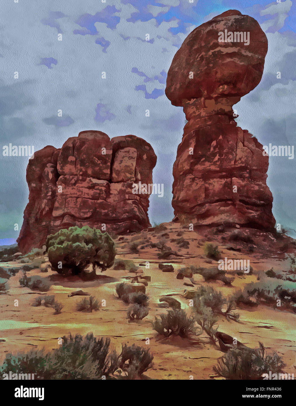 Aquarelle image de Balanced Rock à Arches, Utah .Photographie dans des couleurs est manipulée de manière numérique. Banque D'Images