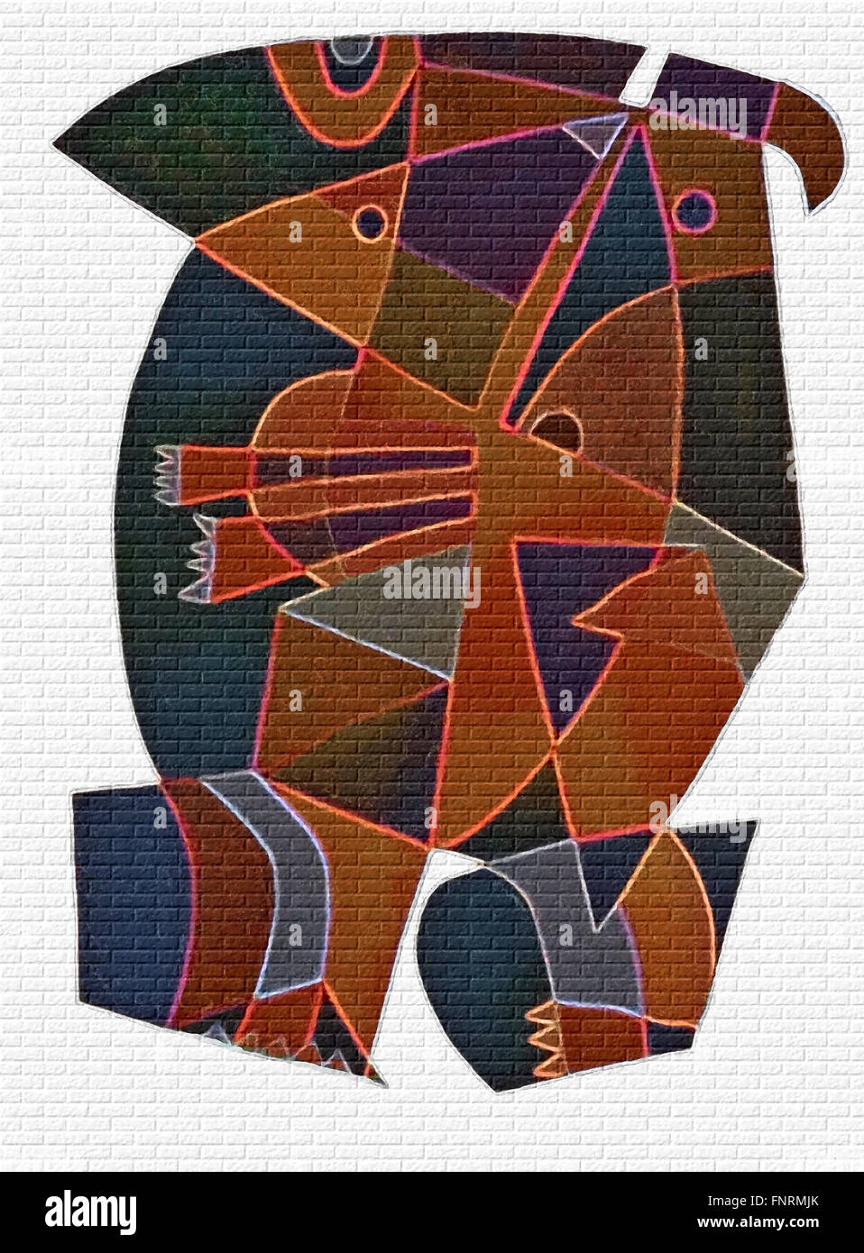 Des formes géométriques abstraites illustrant des états mentaux dans des couleurs sombres et fines lignes vives. Arrière-plan de mur en brique blanche. Banque D'Images