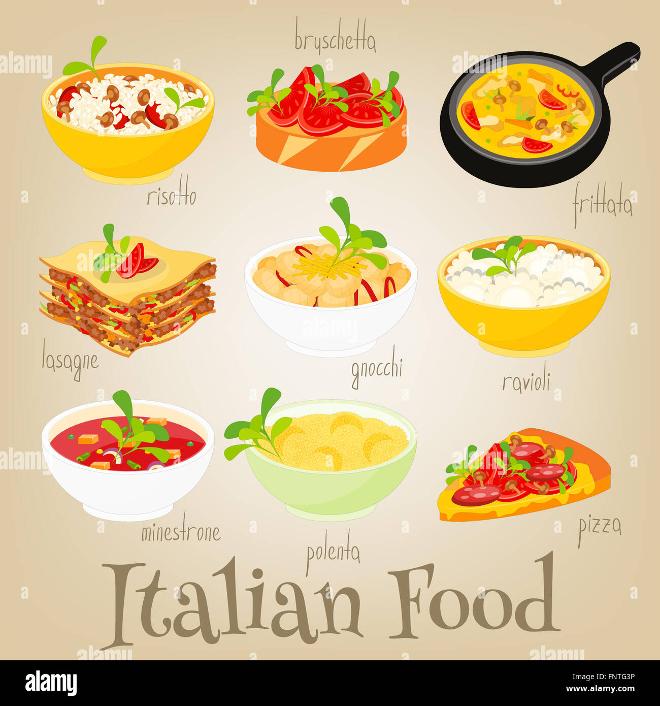 Set de cuisine traditionnelle italienne. La cuisine italienne. Collecte de denrées alimentaires. Vector Illustration. Banque D'Images