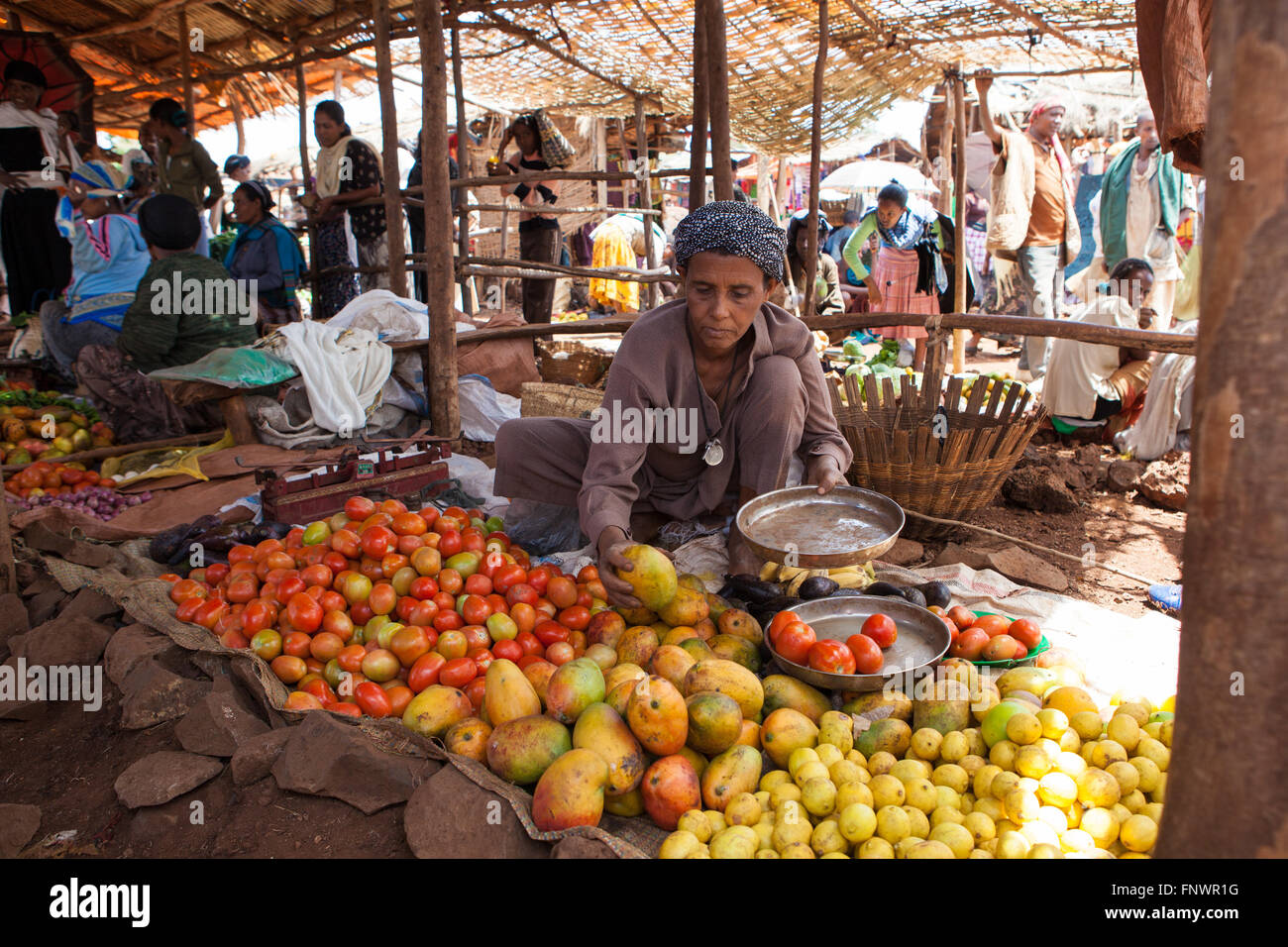 Une femme vendant des tomates fraîches et de mangues dans un marché local en Finote Selam, l'Éthiopie. Banque D'Images