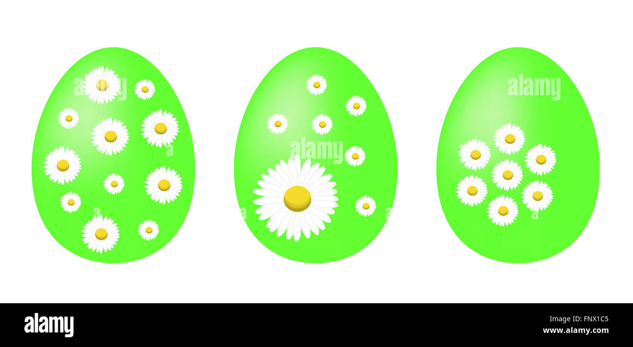 Ensemble d'œufs de Pâques peints vert décoré de fleurs Daisy Banque D'Images