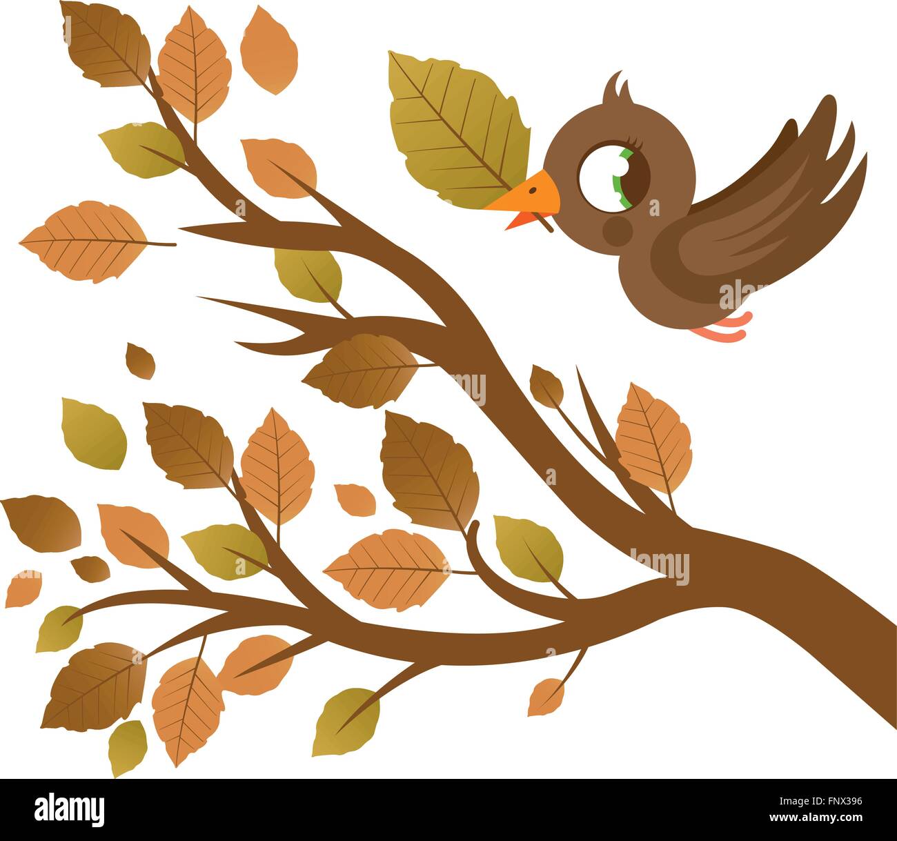 Oiseau mignon en automne et branche d'arbre avec des feuilles sèches. Arbre de saison d'automne avec des feuilles brunes tombées et oiseau. Illustration vectorielle Illustration de Vecteur