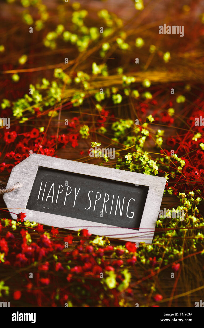Le Texte Joyeux Printemps Ecrit Dans Un Tableau Noir En Forme De L Etiquette Entoure Par De Nombreuses Petites Fleurs Jaune Et Rouge Photo Stock Alamy
