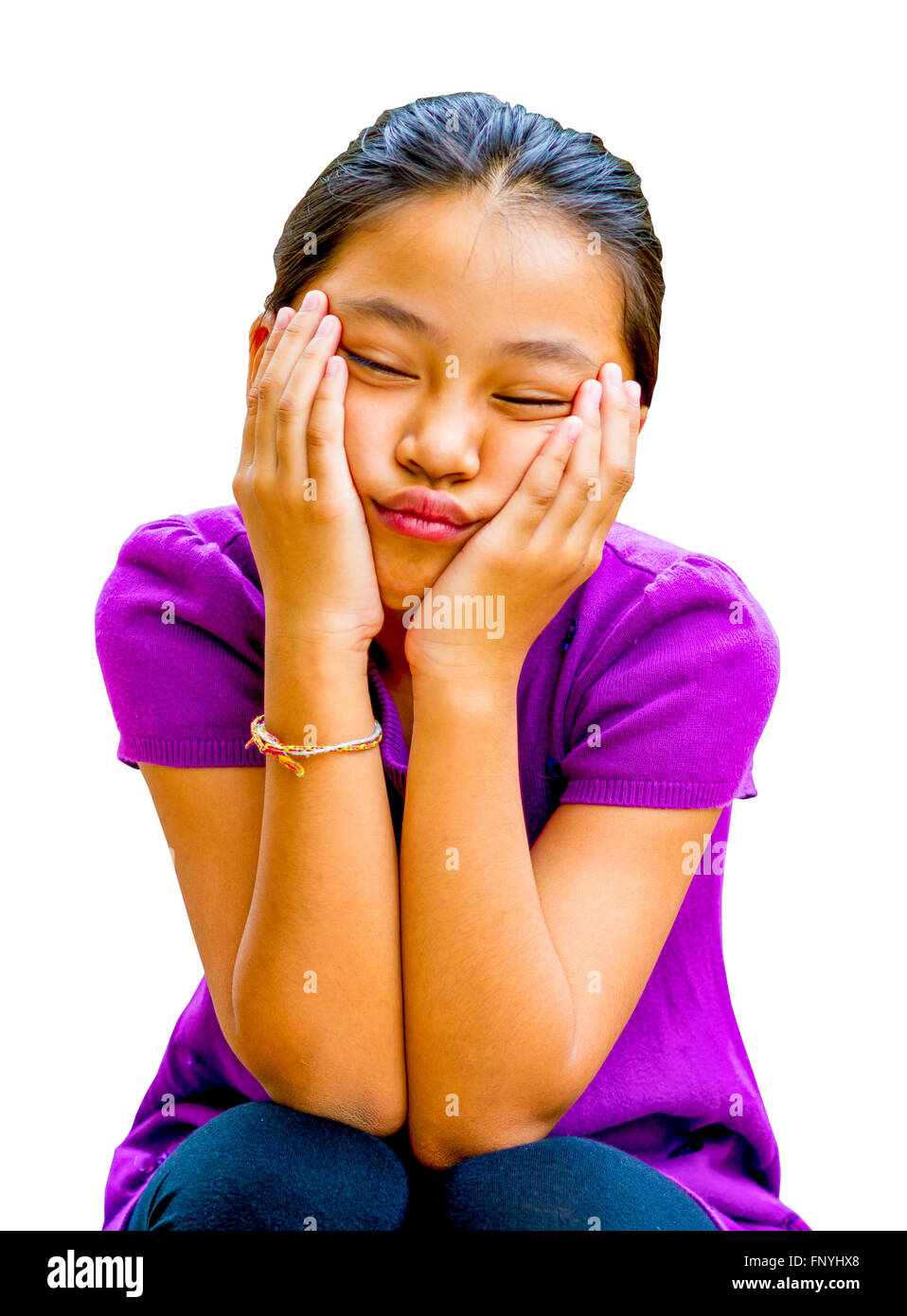 Jeune fille assise blindfold air ennuyé. Banque D'Images