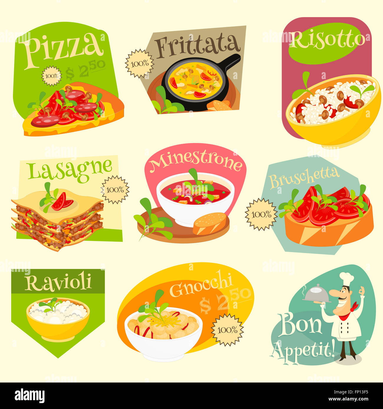 Set de cuisine traditionnelle italienne. La cuisine italienne. Collecte de denrées alimentaires. Les étiquettes des produits alimentaires italiens. Vector Illustration. Banque D'Images