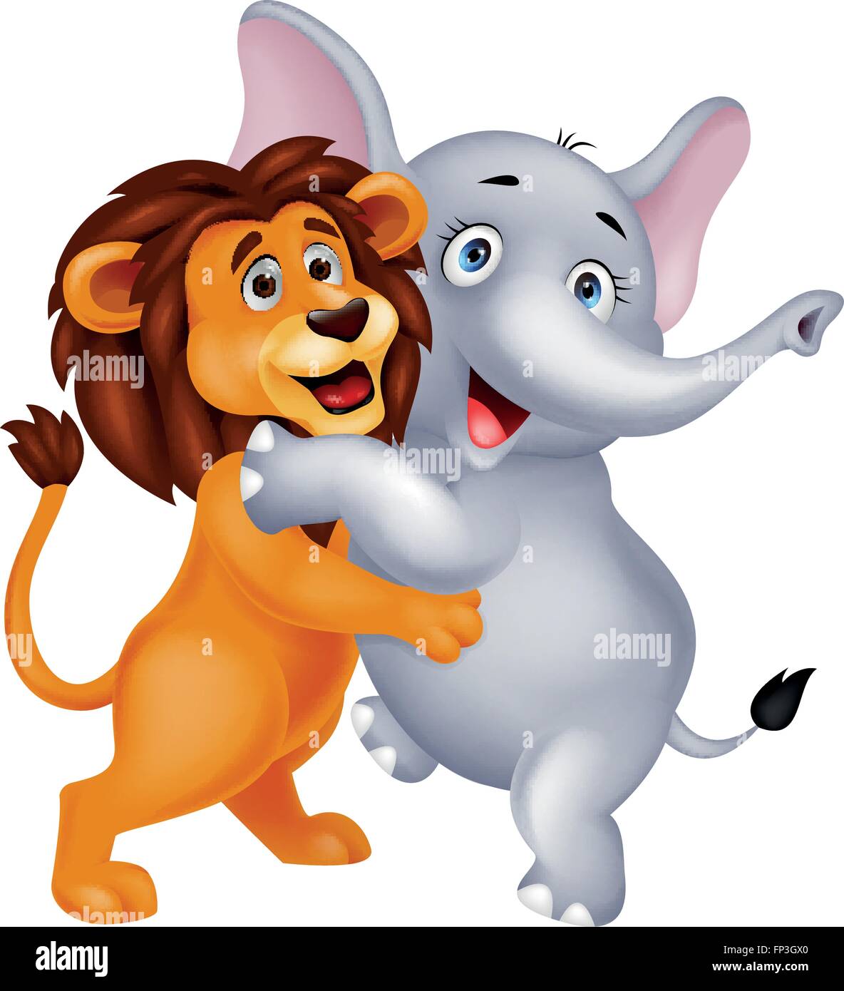 Eléphant et lion mignon serrant les uns les autres Illustration de Vecteur