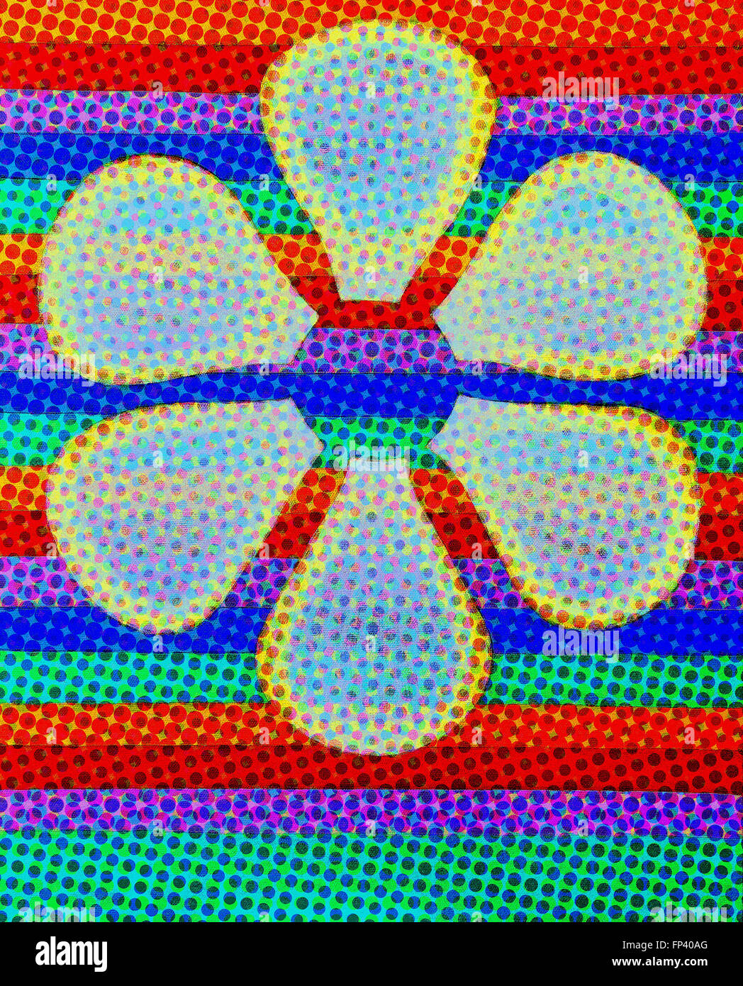 Abstract design coloré de fleur blanche sur fond à rayures dans des formes simples et dans la texture de points. Banque D'Images