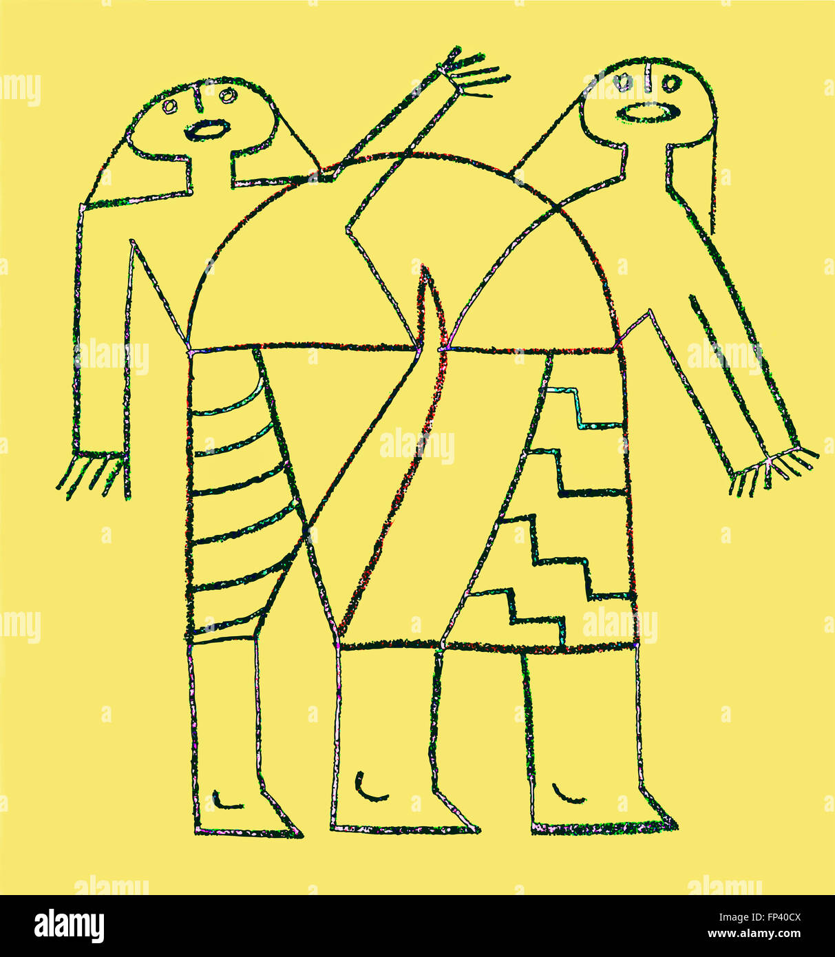 Contour de résumé personnages fantasques sur fond jaune avec des lignes sombres. Résumé L'imitation du dessin d'enfant . Banque D'Images