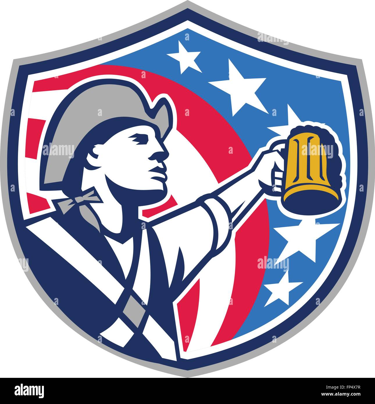 Illustration d'un patriote américain levant craft beer mug à côté de l'écran à l'intérieur set crest avec usa stars and stripes drapeau dans l'arrière-plan fait en style rétro. Illustration de Vecteur