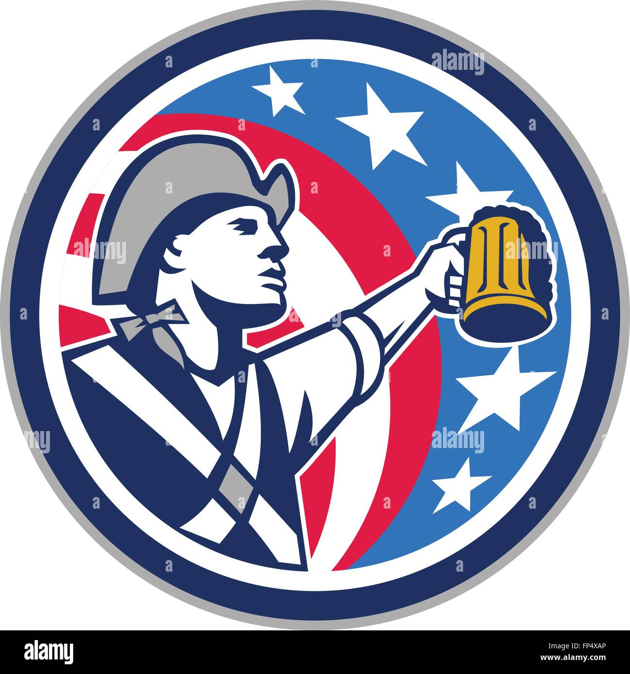 Illustration d'un patriote américain levant craft beer mug à côté de l'ensemble à l'intérieur du cercle avec usa stars and stripes drapeau dans l'arrière-plan fait en style rétro. Illustration de Vecteur