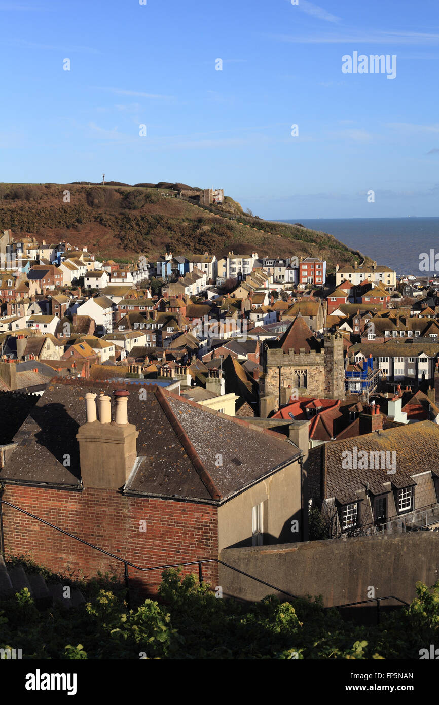 La vieille ville de Hastings et de l'Est Hill vu de la West Hill, East Sussex, UK Banque D'Images