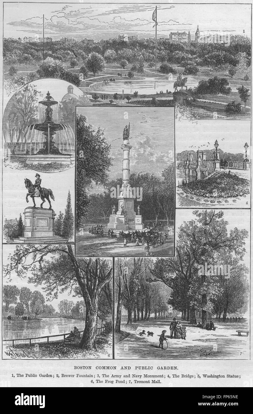 BOSTON : Boston Common et Jardin Public, antique print 1882 Banque D'Images