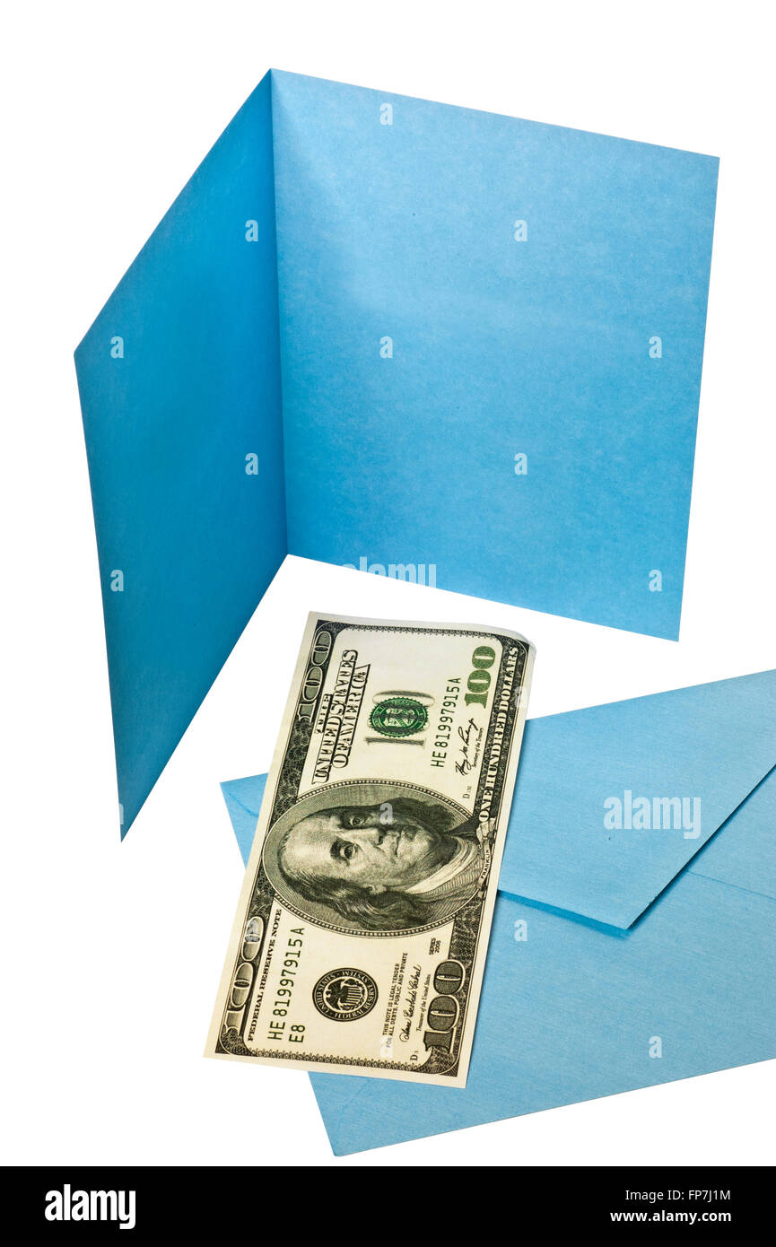Bleu Blanc Carte de Vœux et enveloppe Avec Hundred Dollar Bill Banque D'Images
