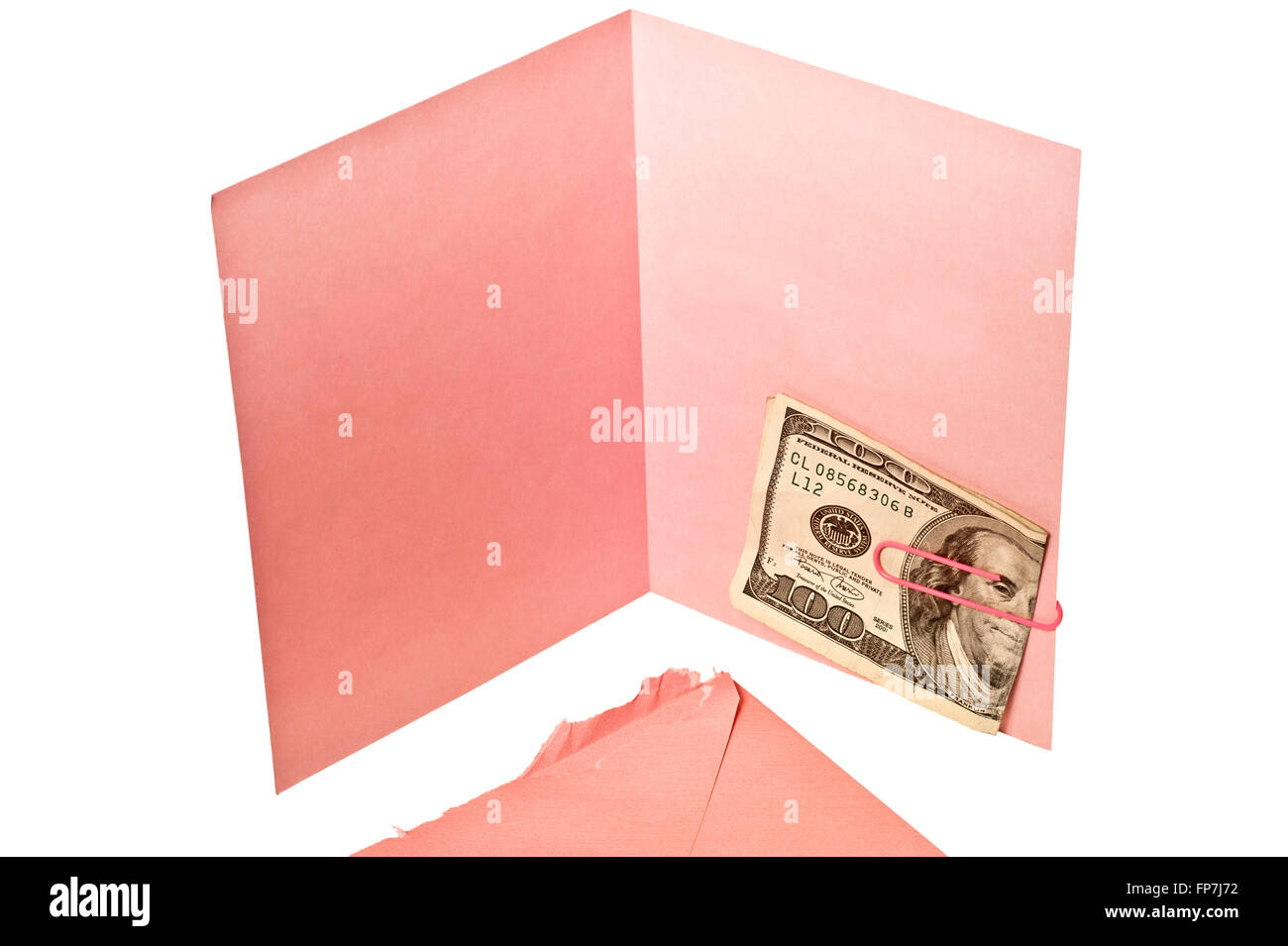 Rose Blanche Carte de souhaits avec Hundred Dollar Bill Banque D'Images