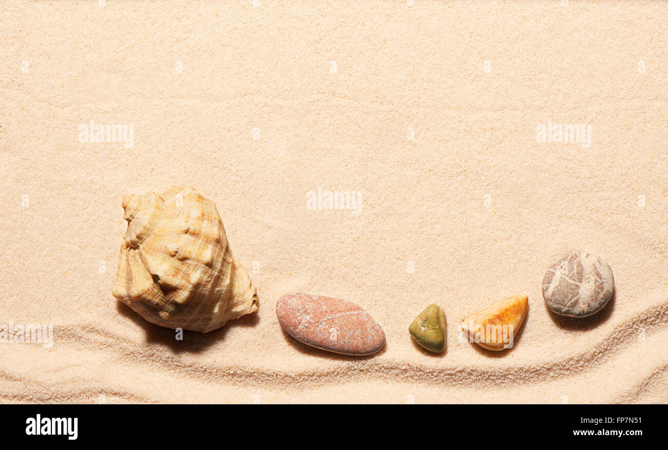 Pierres de la mer et des coquillages sur le sable. Fond de plage d'été. Vue de dessus Banque D'Images