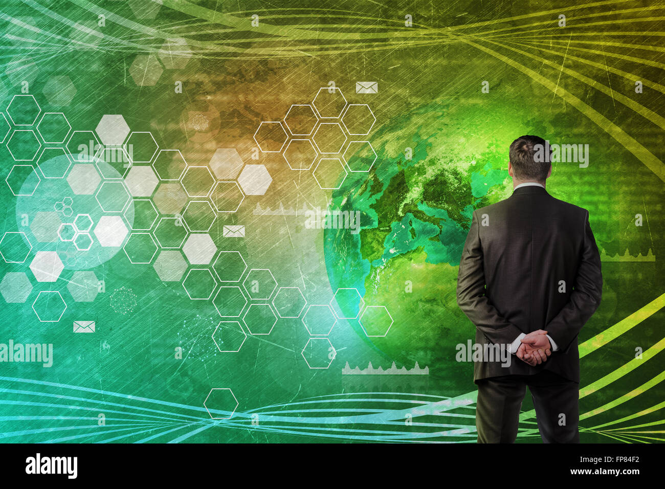 Businessman in front of world map avec des graphiques, technologie concept Banque D'Images