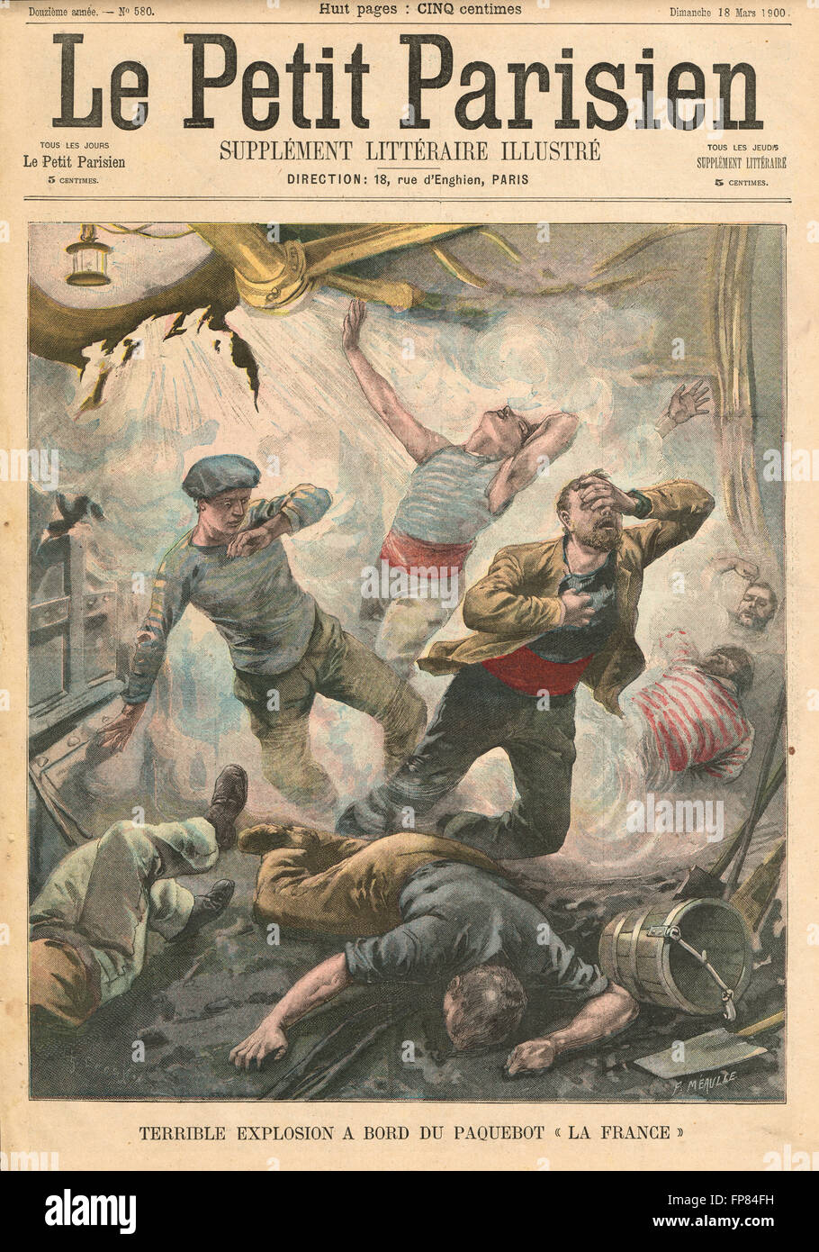 Explosion à bord du bateau à paquets la France 1900. Illustration du petit parisien dans le journal français illustré Banque D'Images