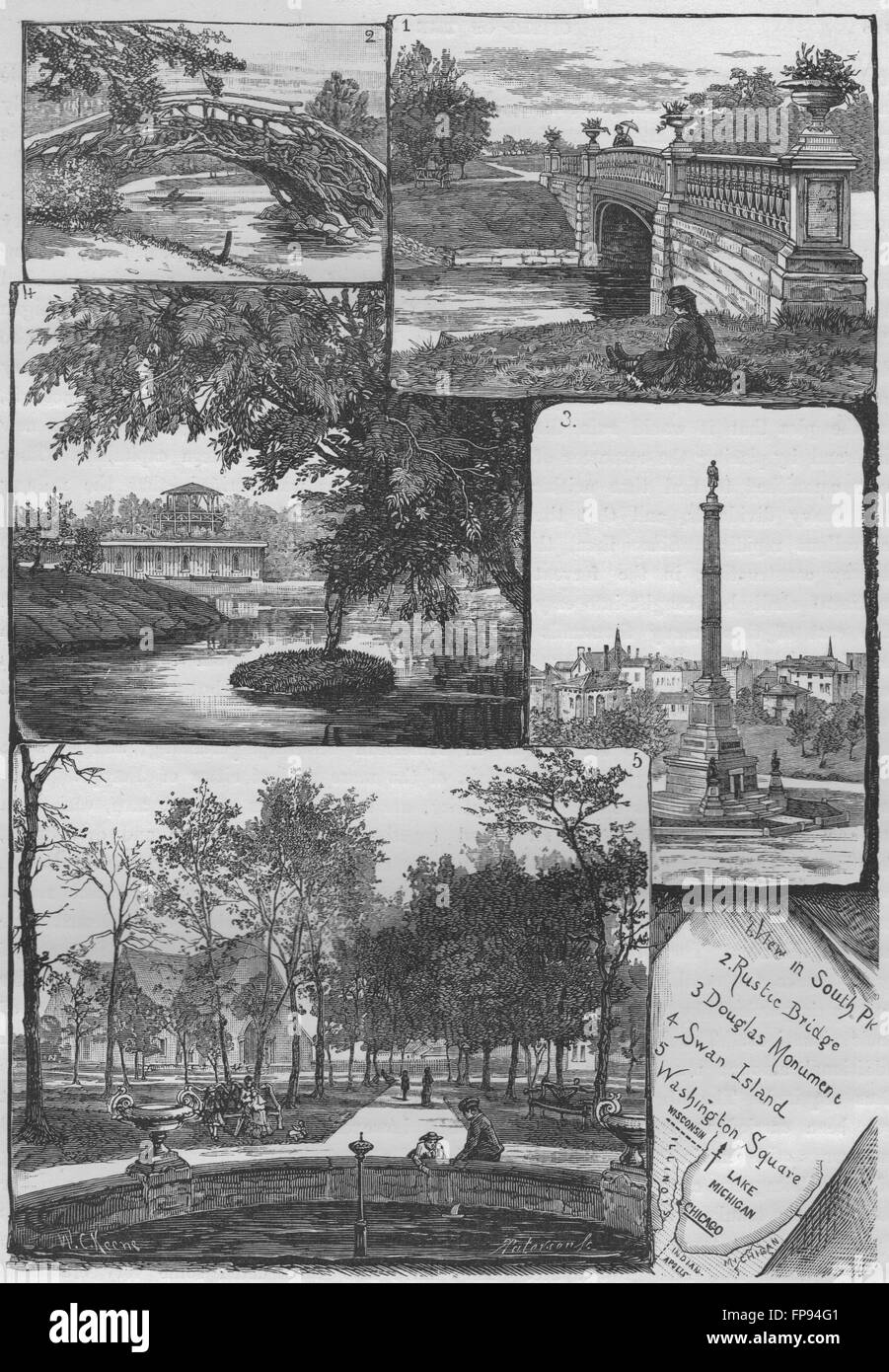 CHICAGO : South Park pont rustique Mmnt Douglas Swan Island Washington Sq, 1882 Banque D'Images