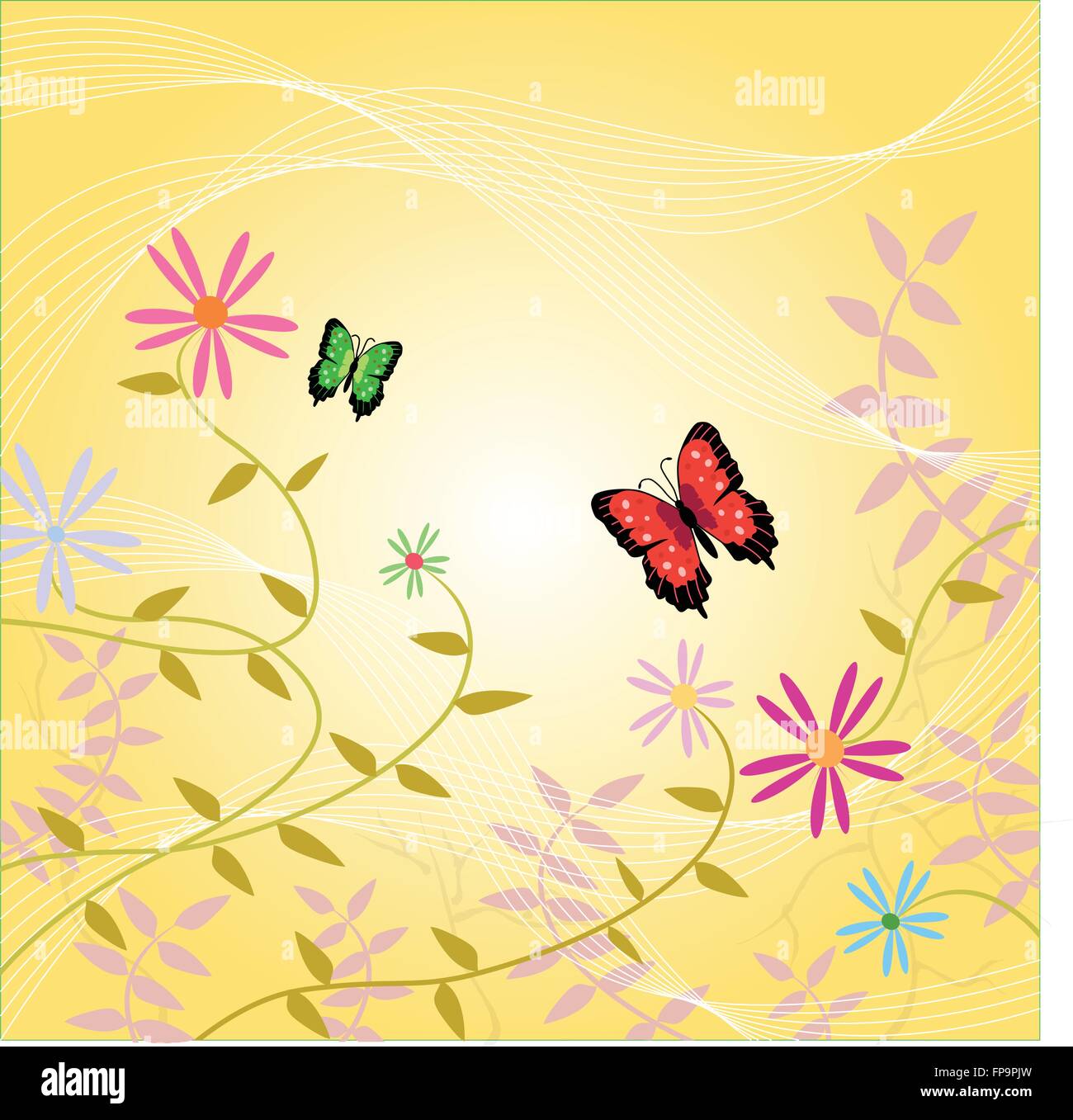 Image d'arrière-plan coloré de fleurs, de vignes et de papillons. Illustration de Vecteur