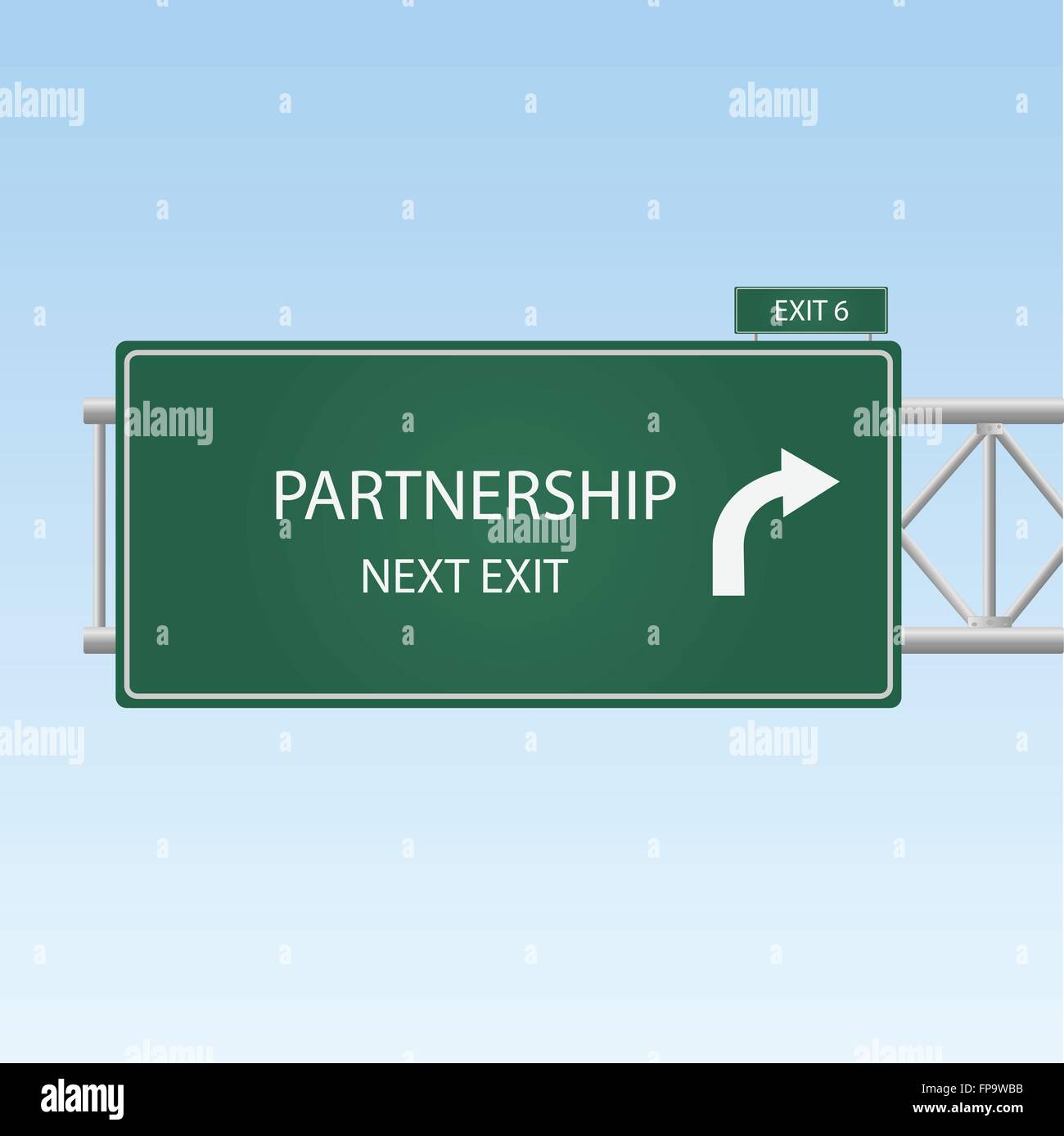 Notion de droit d'un panneau routier à la sortie de "partenariat" avec un fond de ciel bleu. Illustration de Vecteur