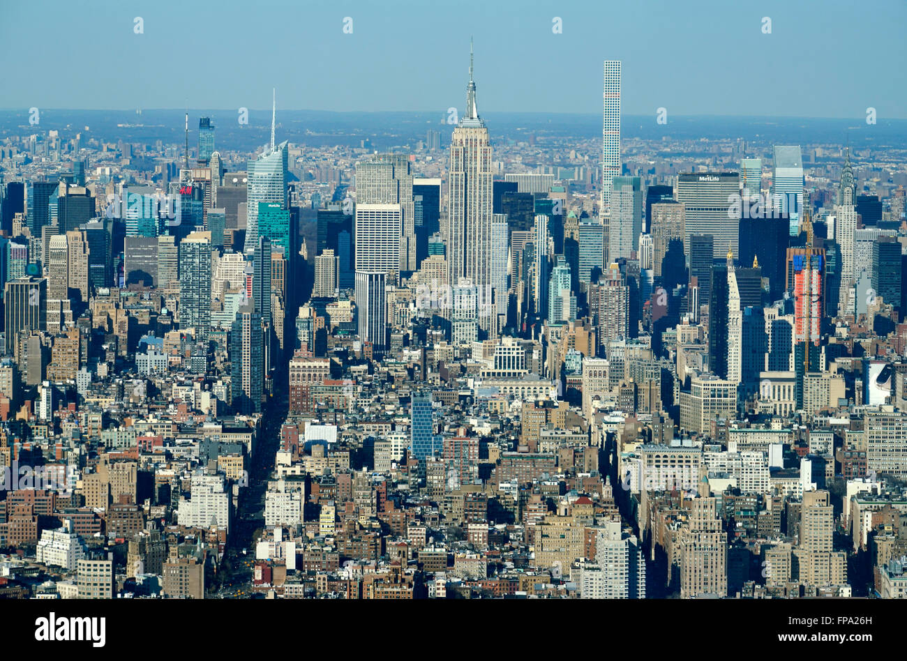 Vue aérienne de l'île de Manhattan face au nord d'un observatoire mondial au World Trade Center, Manhattan, New York City, USA Banque D'Images