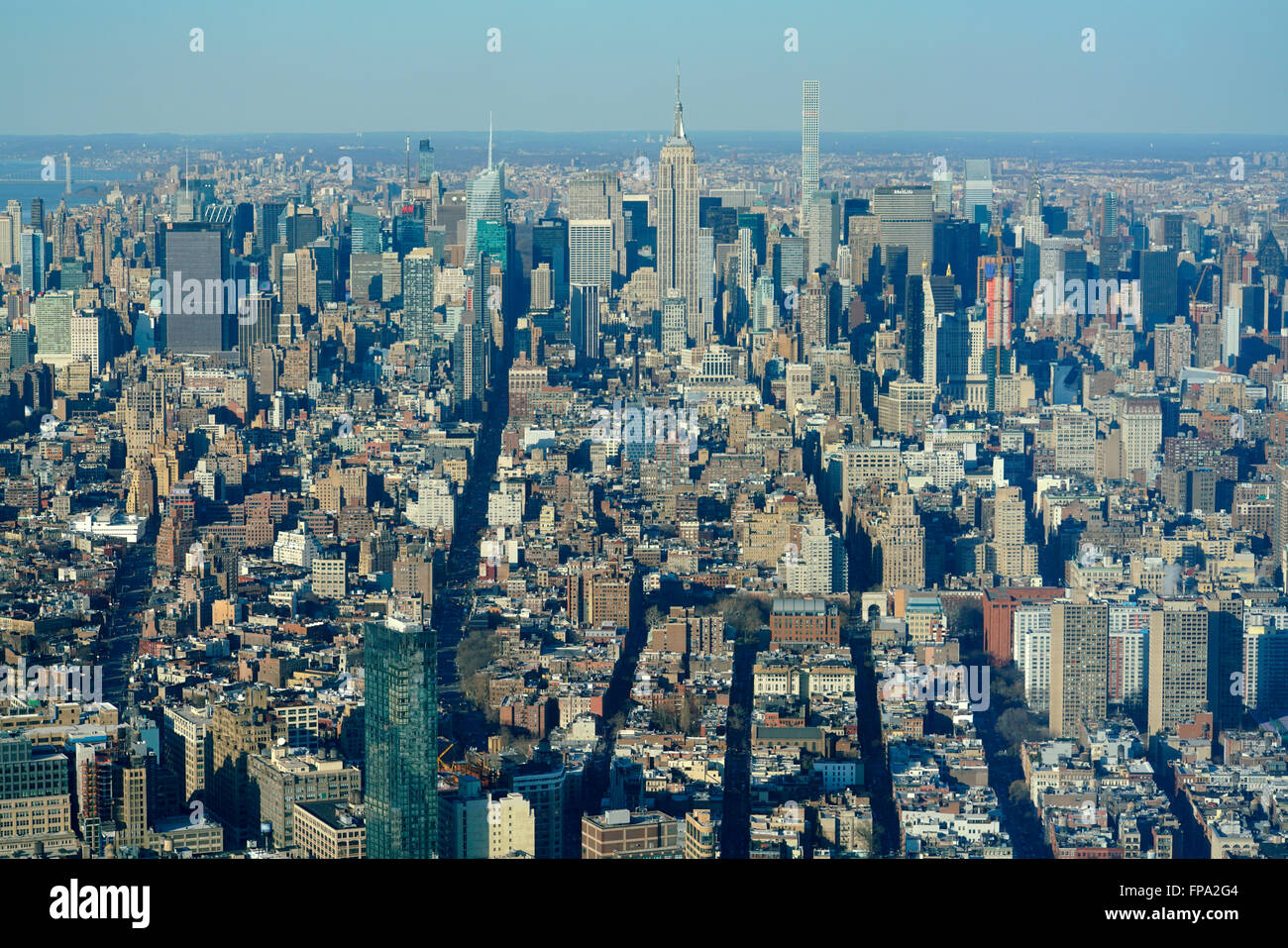 Vue aérienne de l'île de Manhattan face au nord d'un observatoire mondial au World Trade Center, Manhattan, New York City, USA Banque D'Images