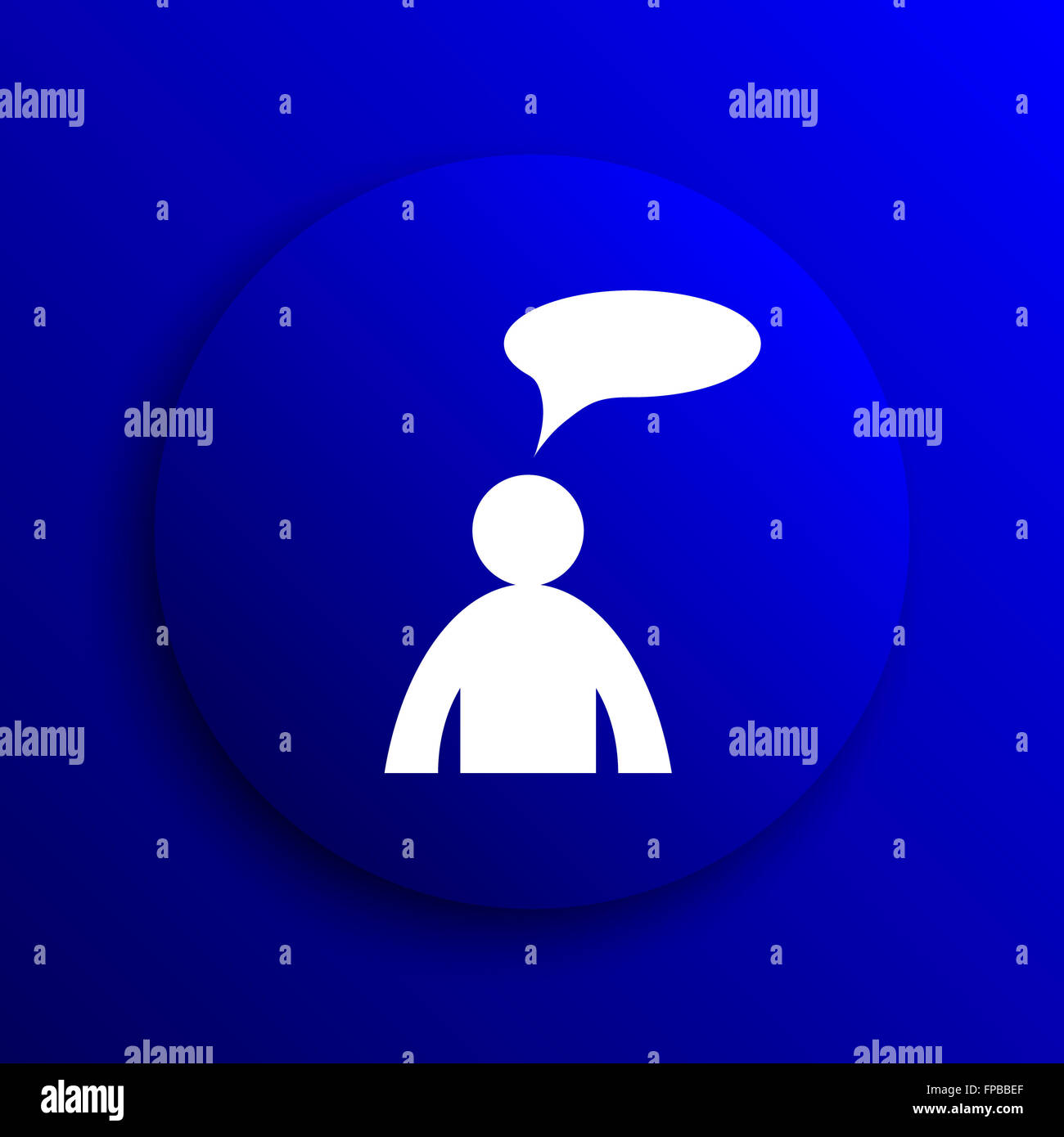 Commentaires icône. Bouton Internet sur fond bleu. - Homme avec bulle Banque D'Images