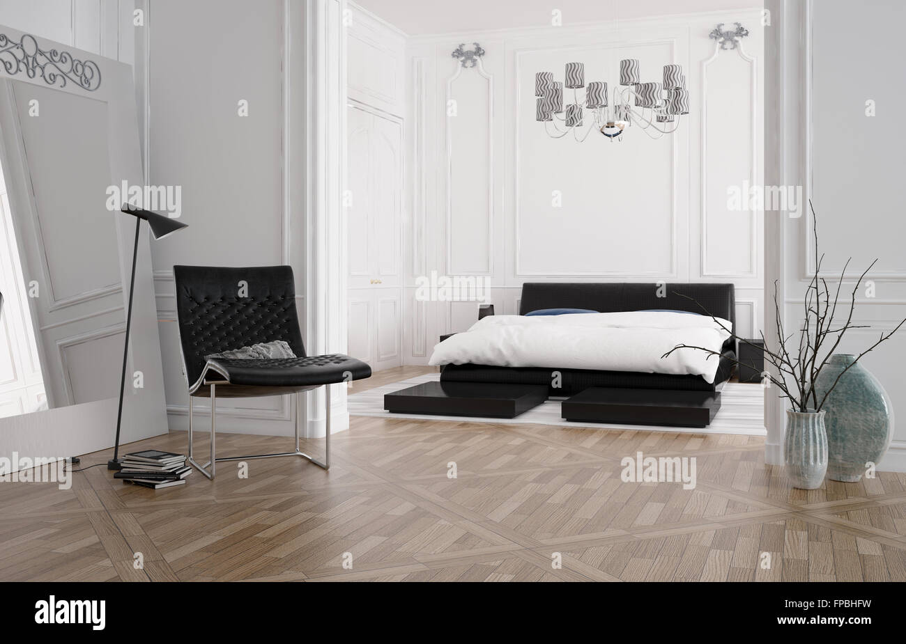 3d Render Of A Chambre A Coucher Spacieuse Et Moderne Avec Un Interieur Lit Encastre Dans Une Alcove Et Lambris En Bois Blanc Sur Les Murs Avec Un Parquet En Bois Lampe